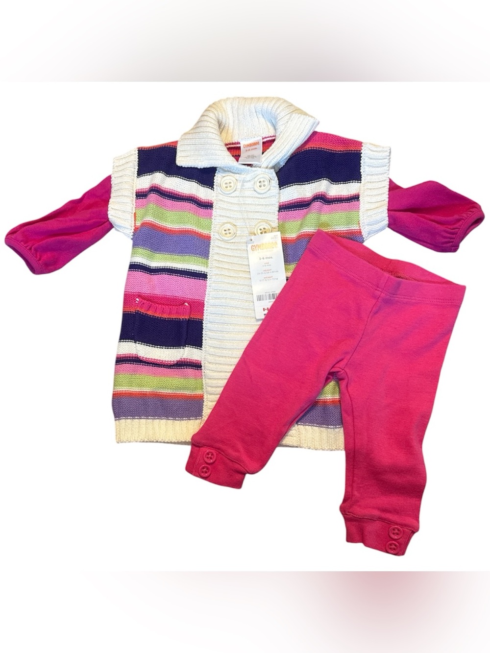 Gymboree Multi-Striped Knit Cardigan with Pink Leggings and Shirt
